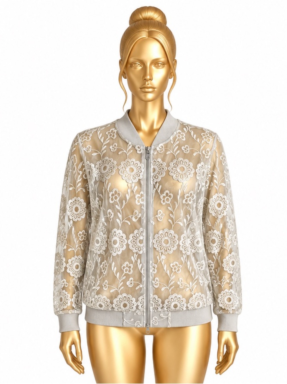 Capri by Sioni Pale Shale Floral Lace Bomber Jacket XL Sheer Zip Front